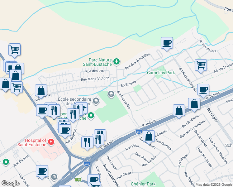 map of restaurants, bars, coffee shops, grocery stores, and more near 584 Boulevard Lavallée in Saint-Eustache