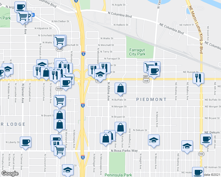 map of restaurants, bars, coffee shops, grocery stores, and more near 7322 North Albina Avenue in Portland