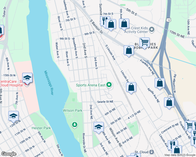 map of restaurants, bars, coffee shops, grocery stores, and more near 488 13th Street South in Sauk Rapids