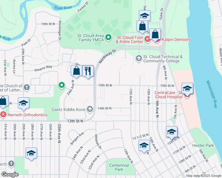 map of restaurants, bars, coffee shops, grocery stores, and more near 1240 15th Street North in St. Cloud
