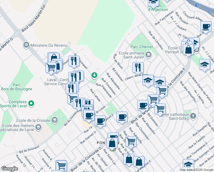 map of restaurants, bars, coffee shops, grocery stores, and more near 700 Rue Cousineau in Laval