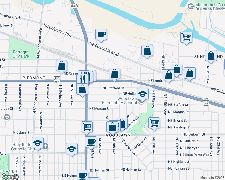 map of restaurants, bars, coffee shops, grocery stores, and more near 705 Northeast Holland Street in Portland