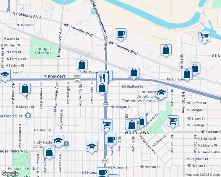 map of restaurants, bars, coffee shops, grocery stores, and more near 7410 Northeast Martin Luther King Junior Boulevard in Portland