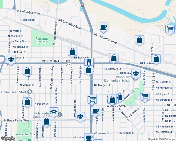 map of restaurants, bars, coffee shops, grocery stores, and more near 233 Northeast Holland Street in Portland