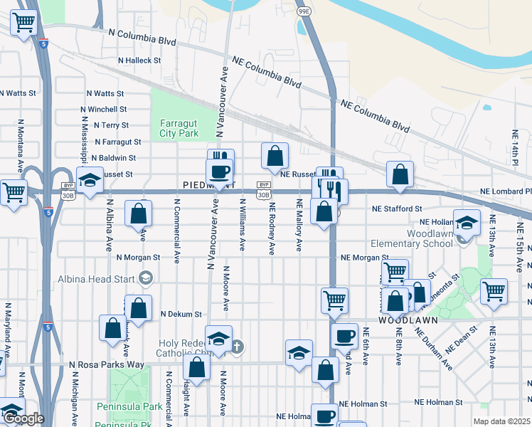 map of restaurants, bars, coffee shops, grocery stores, and more near 57 Northeast Holland Street in Portland