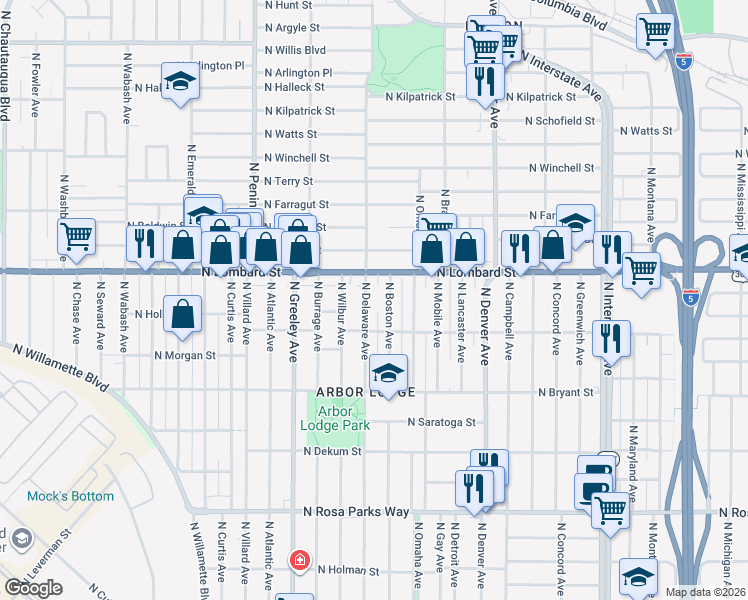 map of restaurants, bars, coffee shops, grocery stores, and more near 7239 North Delaware Avenue in Portland