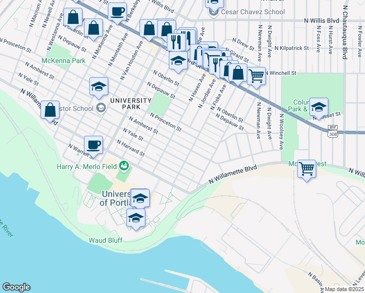 map of restaurants, bars, coffee shops, grocery stores, and more near 4840 North Amherst Street in Portland