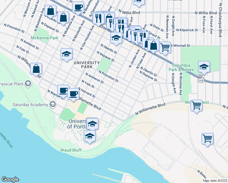 map of restaurants, bars, coffee shops, grocery stores, and more near 4840 North Amherst Street in Portland