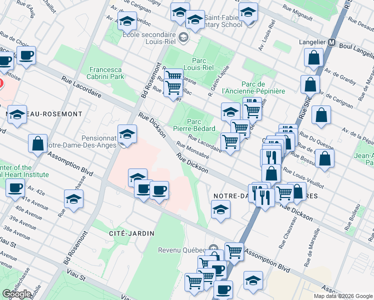map of restaurants, bars, coffee shops, grocery stores, and more near 5740 Rue Gérin-Lajoie in Montréal