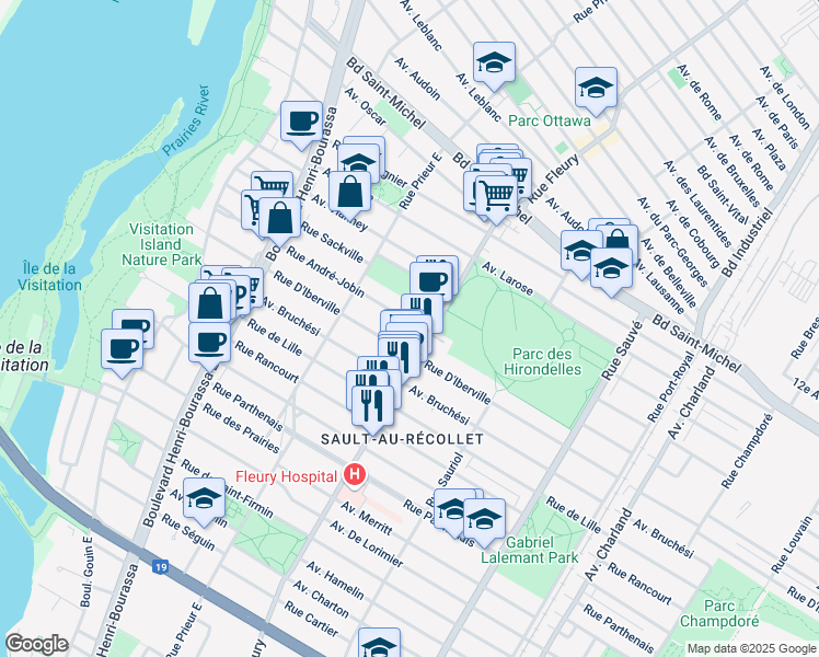 map of restaurants, bars, coffee shops, grocery stores, and more near 10330 Rue Andre Jobin in Montréal