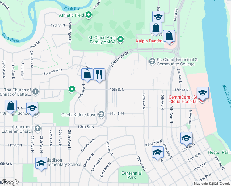 map of restaurants, bars, coffee shops, grocery stores, and more near 1310 15th Street North in St. Cloud