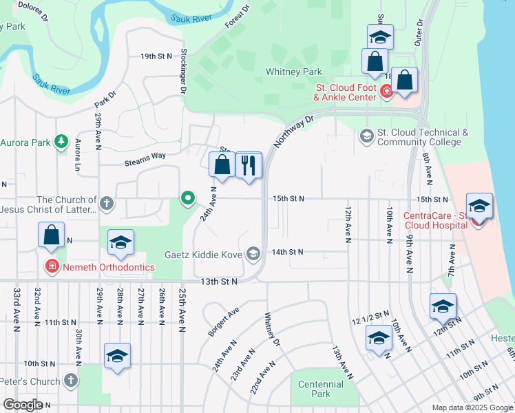 map of restaurants, bars, coffee shops, grocery stores, and more near 1445 Northway Drive in St. Cloud