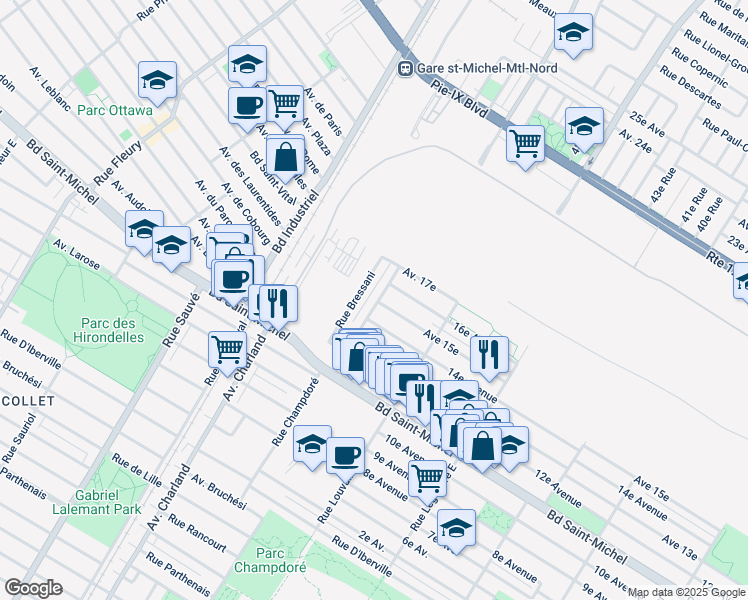 map of restaurants, bars, coffee shops, grocery stores, and more near 3451 Rue Champdoré in Montréal