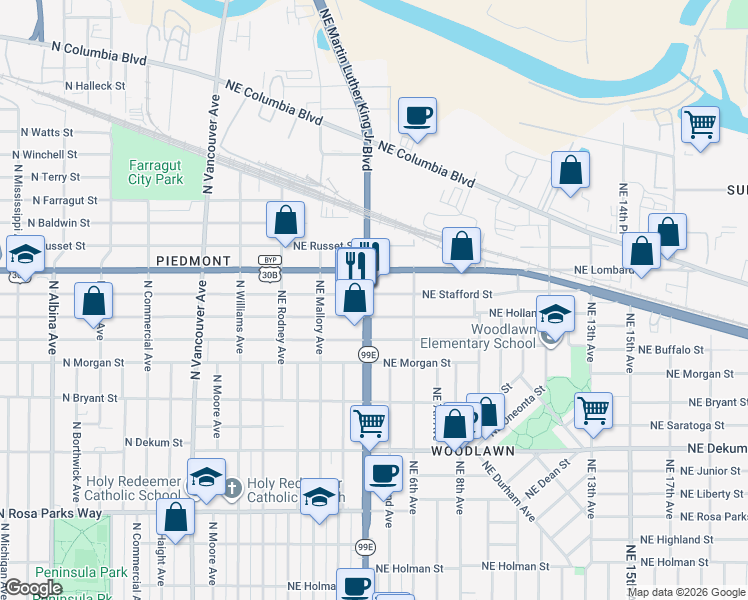 map of restaurants, bars, coffee shops, grocery stores, and more near 7410 Northeast Martin Luther King Junior Boulevard in Portland