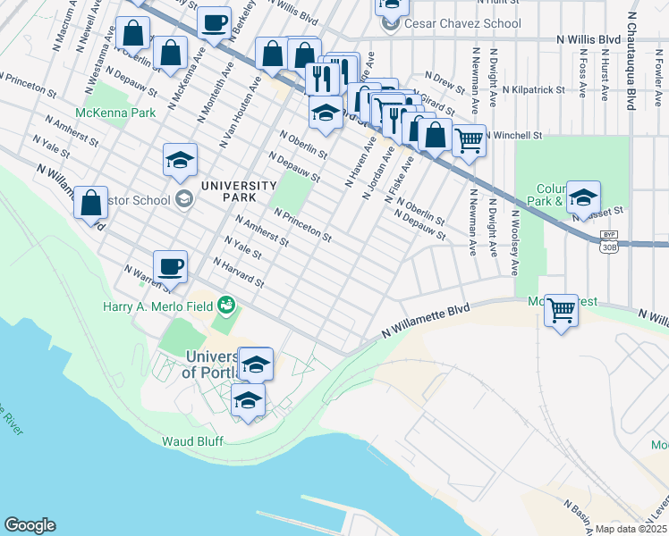 map of restaurants, bars, coffee shops, grocery stores, and more near 4841 North Amherst Street in Portland