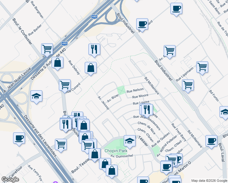 map of restaurants, bars, coffee shops, grocery stores, and more near 1643 Avenue Massenet in Laval