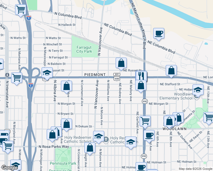 map of restaurants, bars, coffee shops, grocery stores, and more near 7303 North Williams Avenue in Portland