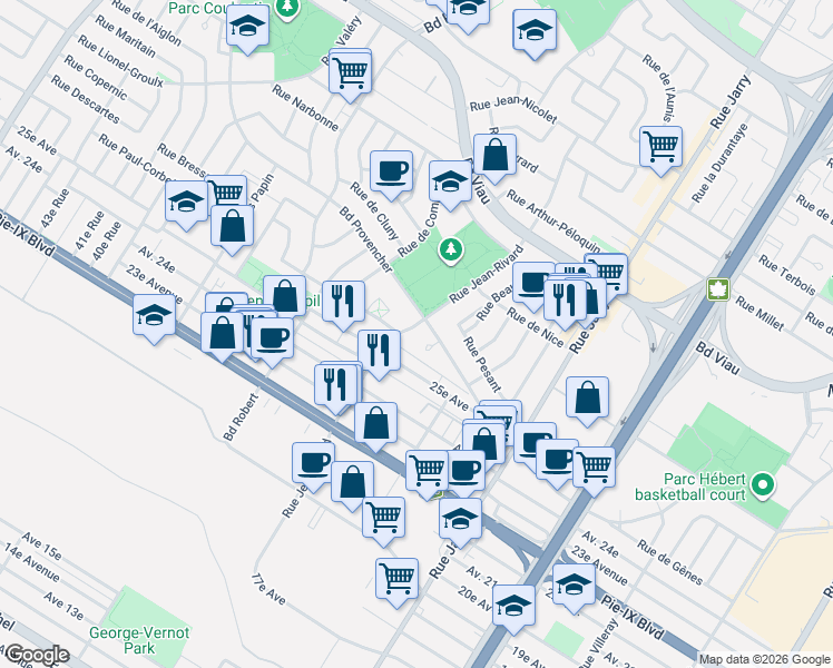 map of restaurants, bars, coffee shops, grocery stores, and more near 4382 Rue Jean-Rivard in Montréal