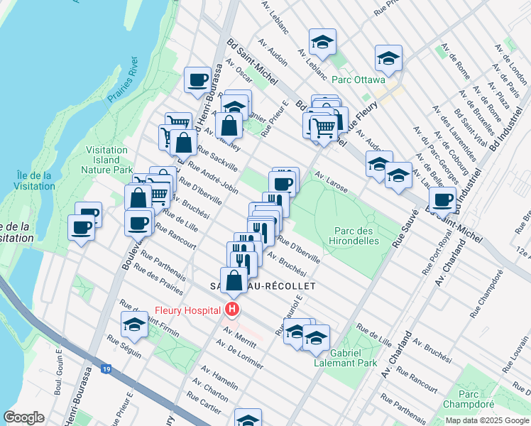 map of restaurants, bars, coffee shops, grocery stores, and more near 10340 Rue Andre Jobin in Montréal