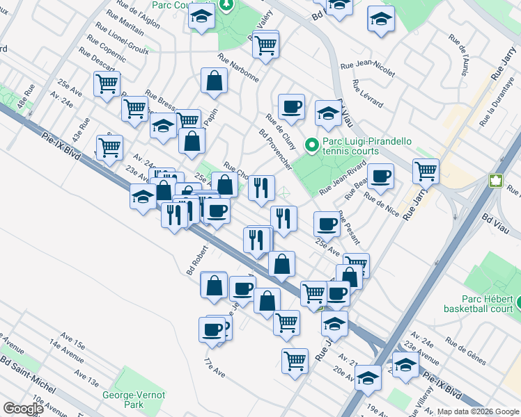 map of restaurants, bars, coffee shops, grocery stores, and more near Allée de Saint Leonard in Montréal
