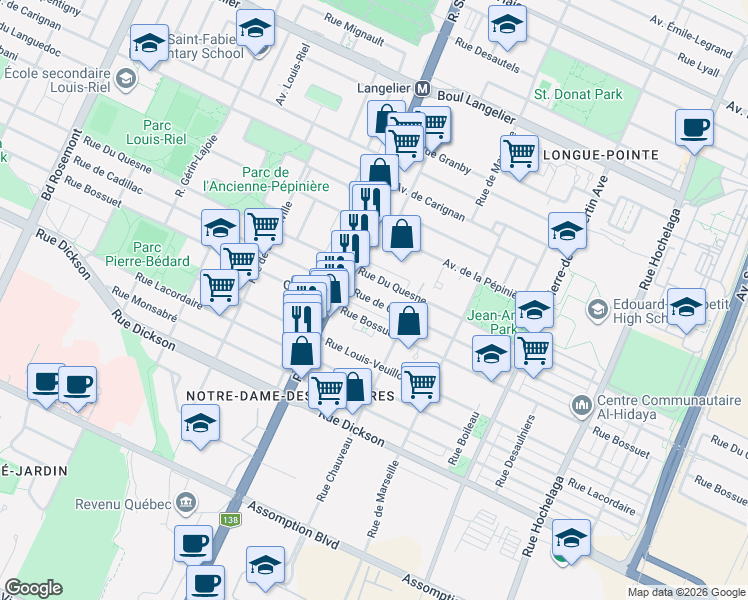 map of restaurants, bars, coffee shops, grocery stores, and more near 3255 Rue de Cadillac in Montréal