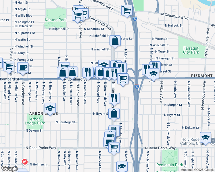 map of restaurants, bars, coffee shops, grocery stores, and more near 7303 North Greenwich Avenue in Portland