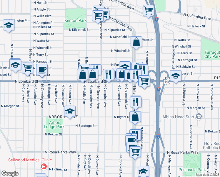 map of restaurants, bars, coffee shops, grocery stores, and more near 7304 North Fenwick Avenue in Portland