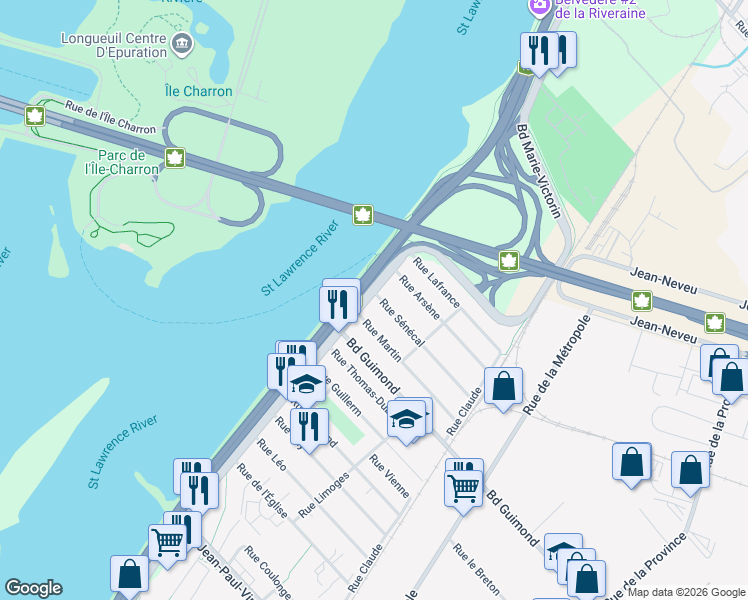 map of restaurants, bars, coffee shops, grocery stores, and more near 2338 Boulevard Marie-Victorin in Longueuil