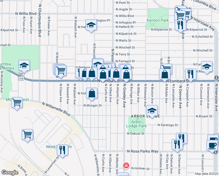map of restaurants, bars, coffee shops, grocery stores, and more near 7333 North Villard Avenue in Portland