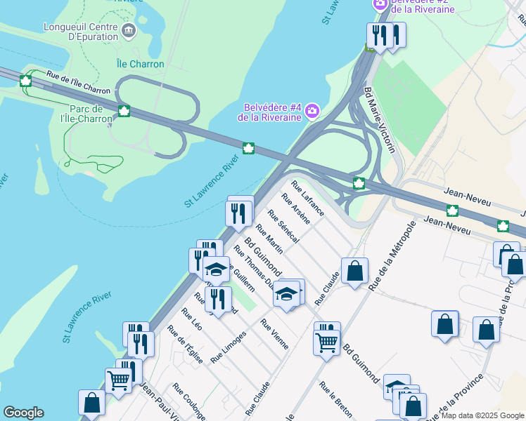 map of restaurants, bars, coffee shops, grocery stores, and more near 2332 Boulevard Marie-Victorin in Longueuil