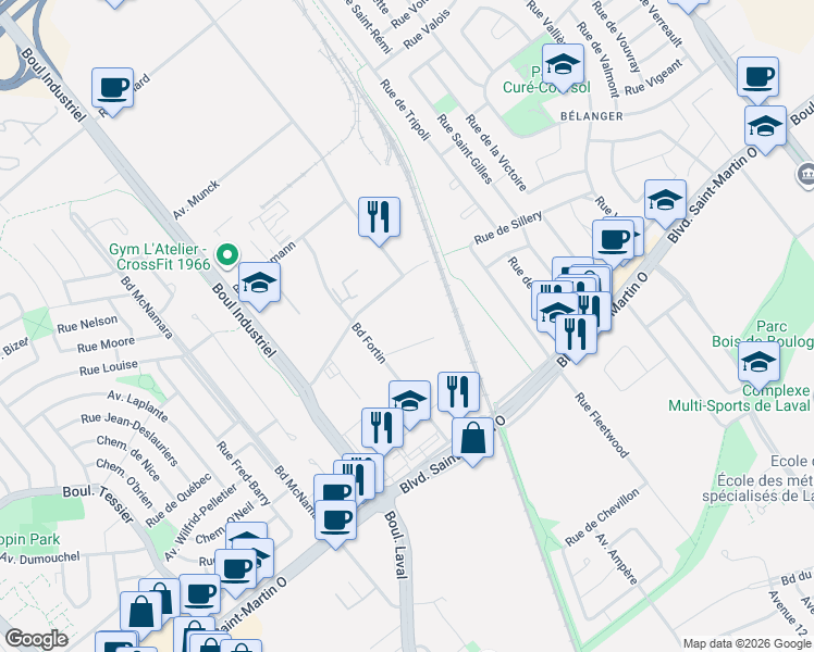 map of restaurants, bars, coffee shops, grocery stores, and more near 807 Rue Marshall in Laval