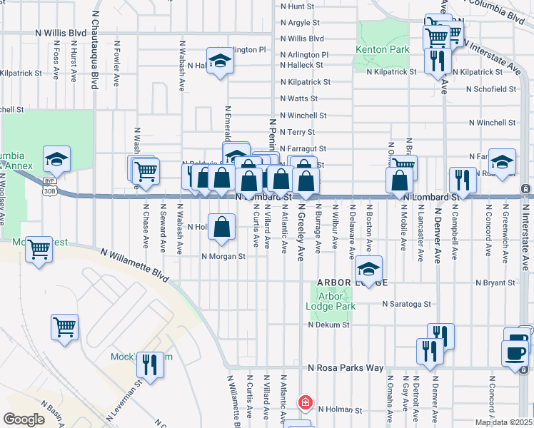 map of restaurants, bars, coffee shops, grocery stores, and more near 7333 North Villard Avenue in Portland