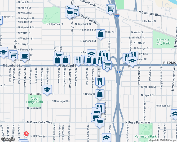 map of restaurants, bars, coffee shops, grocery stores, and more near 7334 North Concord Avenue in Portland