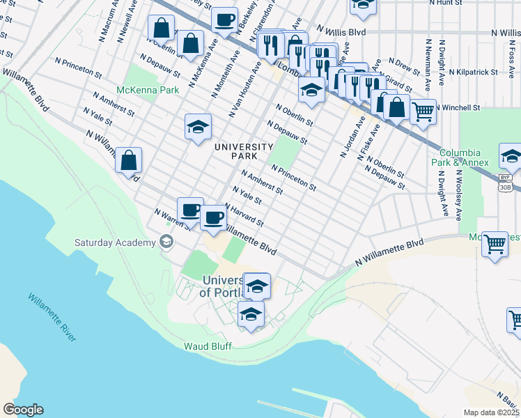map of restaurants, bars, coffee shops, grocery stores, and more near 6812 North Hodge Avenue in Portland