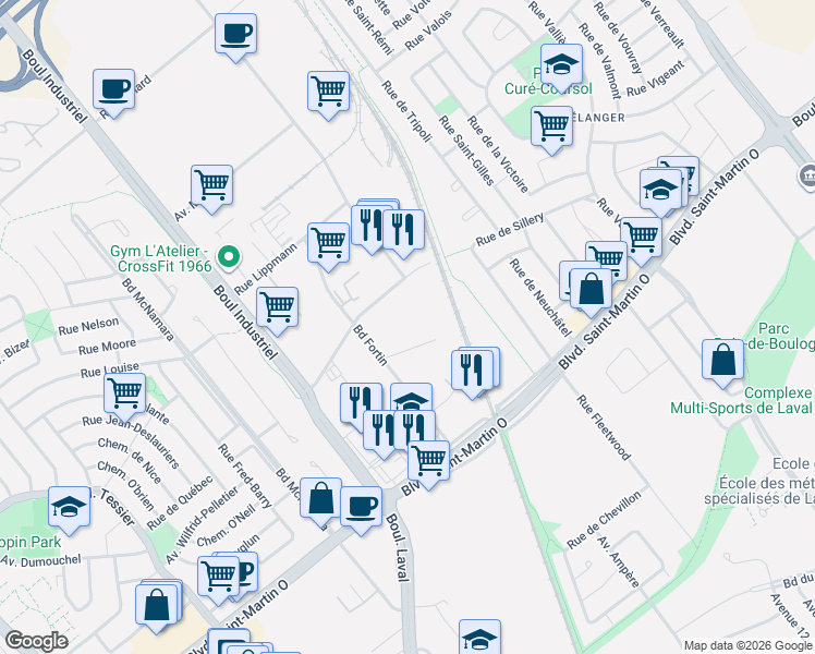 map of restaurants, bars, coffee shops, grocery stores, and more near 807 Rue Marshall in Laval