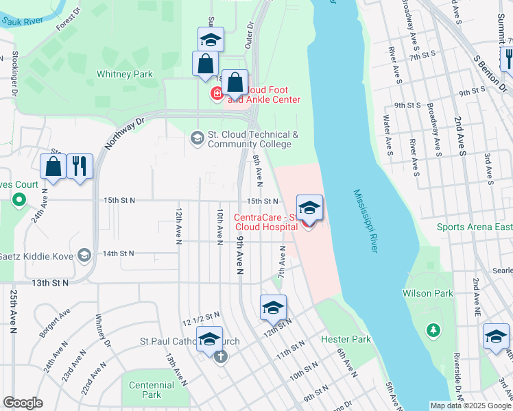 map of restaurants, bars, coffee shops, grocery stores, and more near 1433 8th Avenue North in St. Cloud