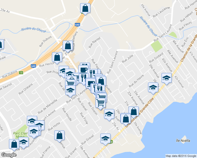 map of restaurants, bars, coffee shops, grocery stores, and more near 250 Rue Guérin in Saint-Eustache