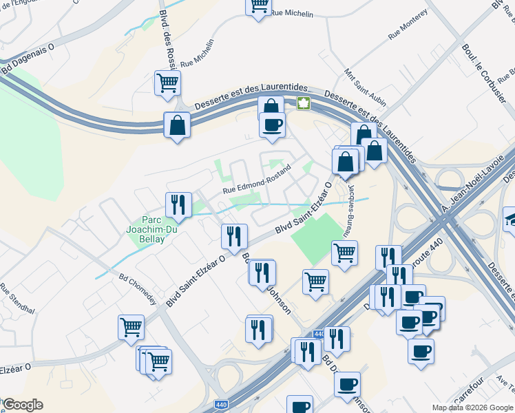 map of restaurants, bars, coffee shops, grocery stores, and more near 3096 Rue Pierre-Corneille in Laval