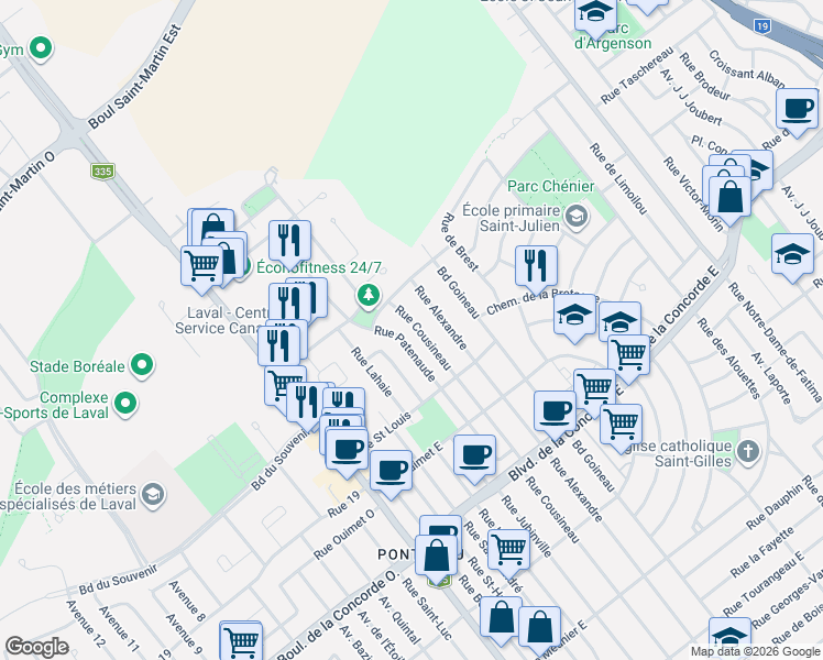 map of restaurants, bars, coffee shops, grocery stores, and more near 706 Rue Cousineau in Laval