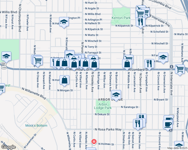 map of restaurants, bars, coffee shops, grocery stores, and more near 7336 North Greeley Avenue in Portland