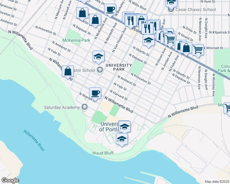 map of restaurants, bars, coffee shops, grocery stores, and more near 6734 North Stanford Avenue in Portland