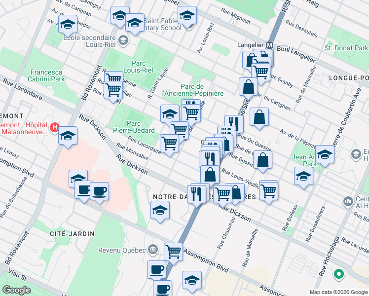 map of restaurants, bars, coffee shops, grocery stores, and more near 5890 Rue de Jumonville in Montréal