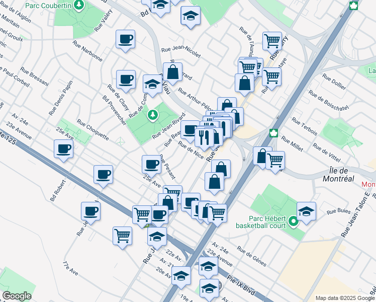map of restaurants, bars, coffee shops, grocery stores, and more near 4510 Rue d'Assise in Montreal
