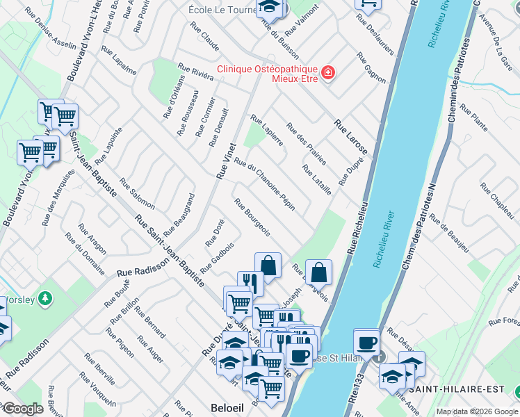 map of restaurants, bars, coffee shops, grocery stores, and more near 356 Rue Monseigneur-Moreau in Beloeil
