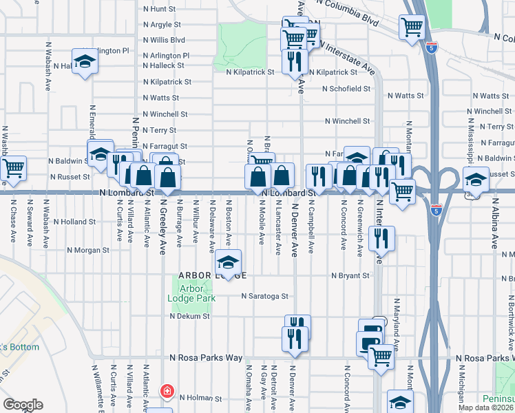 map of restaurants, bars, coffee shops, grocery stores, and more near 7303 North Mobile Avenue in Portland