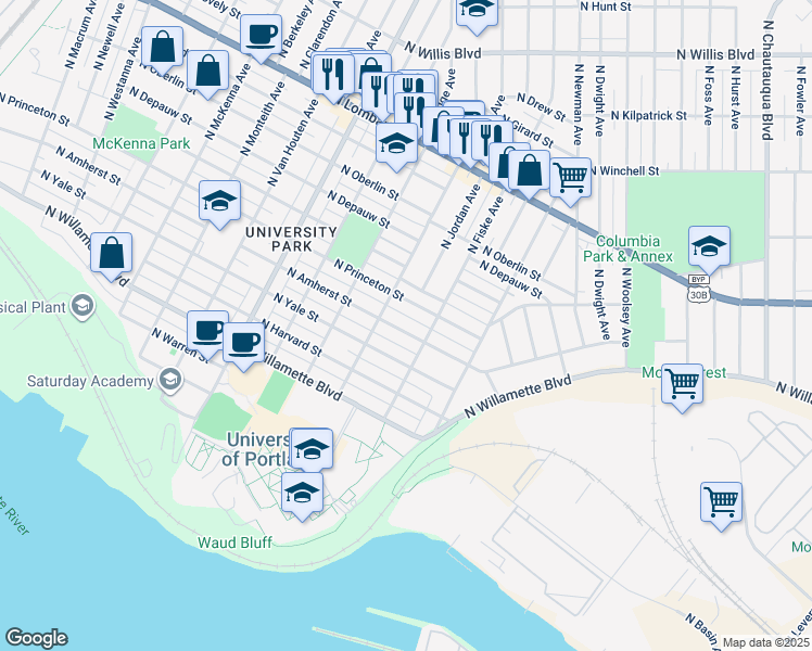 map of restaurants, bars, coffee shops, grocery stores, and more near 4841 North Amherst Street in Portland