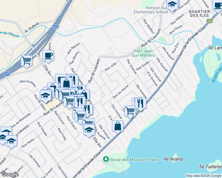 map of restaurants, bars, coffee shops, grocery stores, and more near 159 Avenue 33e in Saint-Eustache