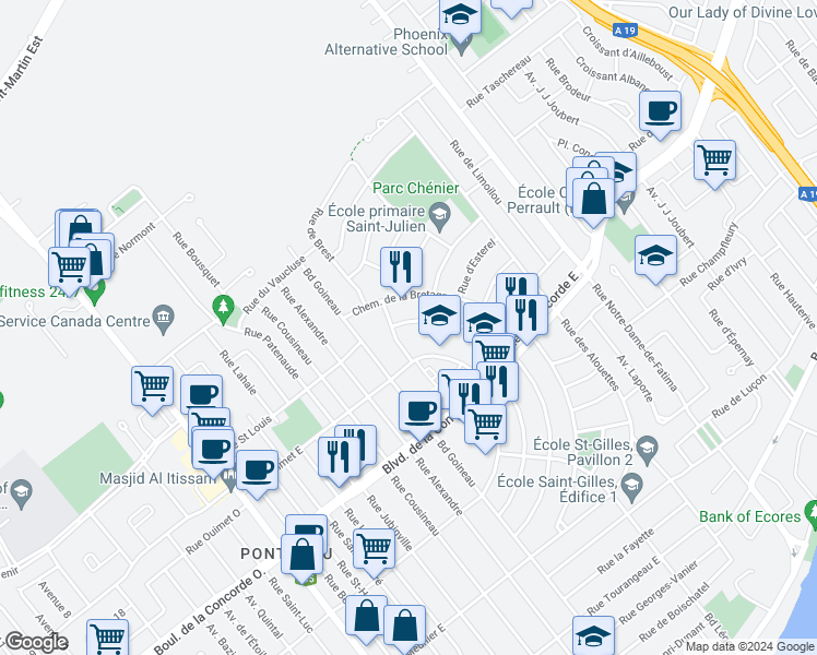 map of restaurants, bars, coffee shops, grocery stores, and more near 488 Chemin de la Lorraine in Laval