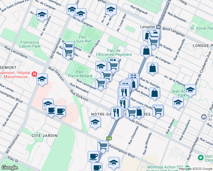 map of restaurants, bars, coffee shops, grocery stores, and more near 5011 Rue Louis-Veuillot in Montréal