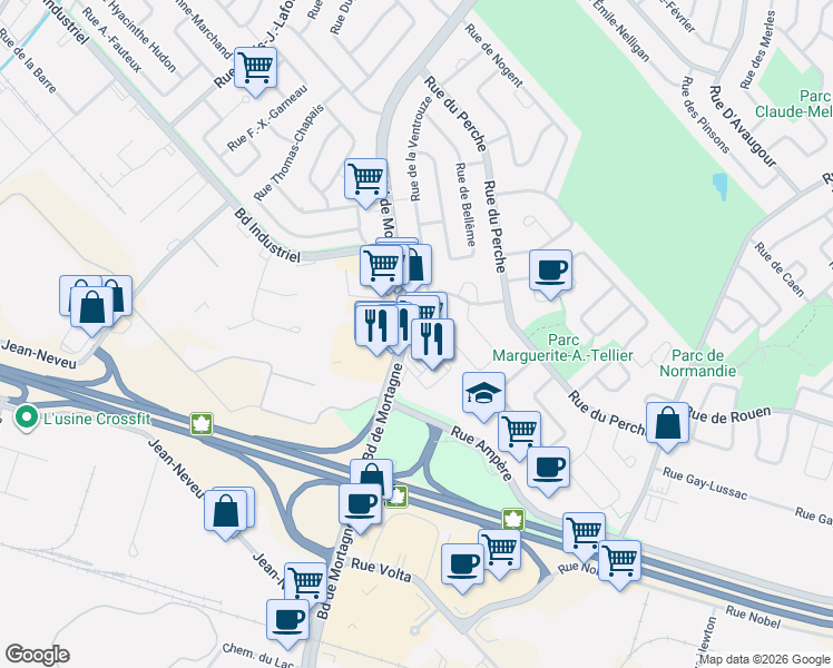 map of restaurants, bars, coffee shops, grocery stores, and more near 130 Boulevard de Mortagne in Boucherville